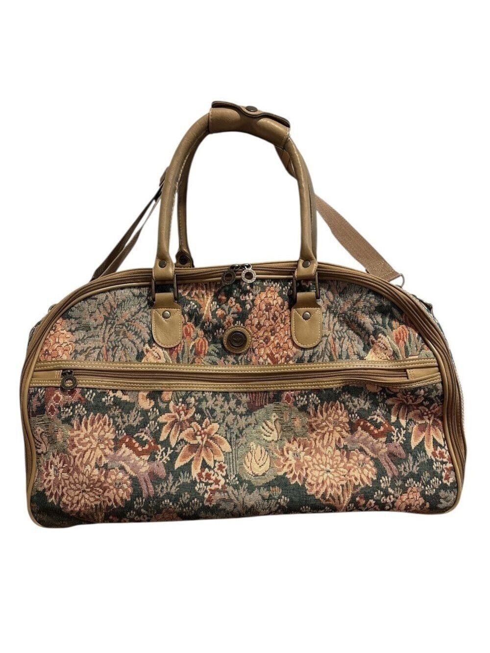 Capezio Brown and Tan Travel Bag with Vintage Tapestry Design Tan Leather Trim.
